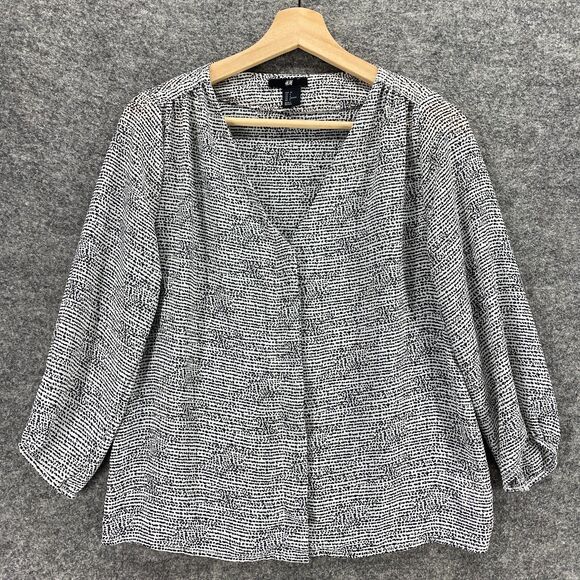 H&M Top Women 4 Black White Blouse Button Up 3/4 Sleeve - Picture 1 of 11